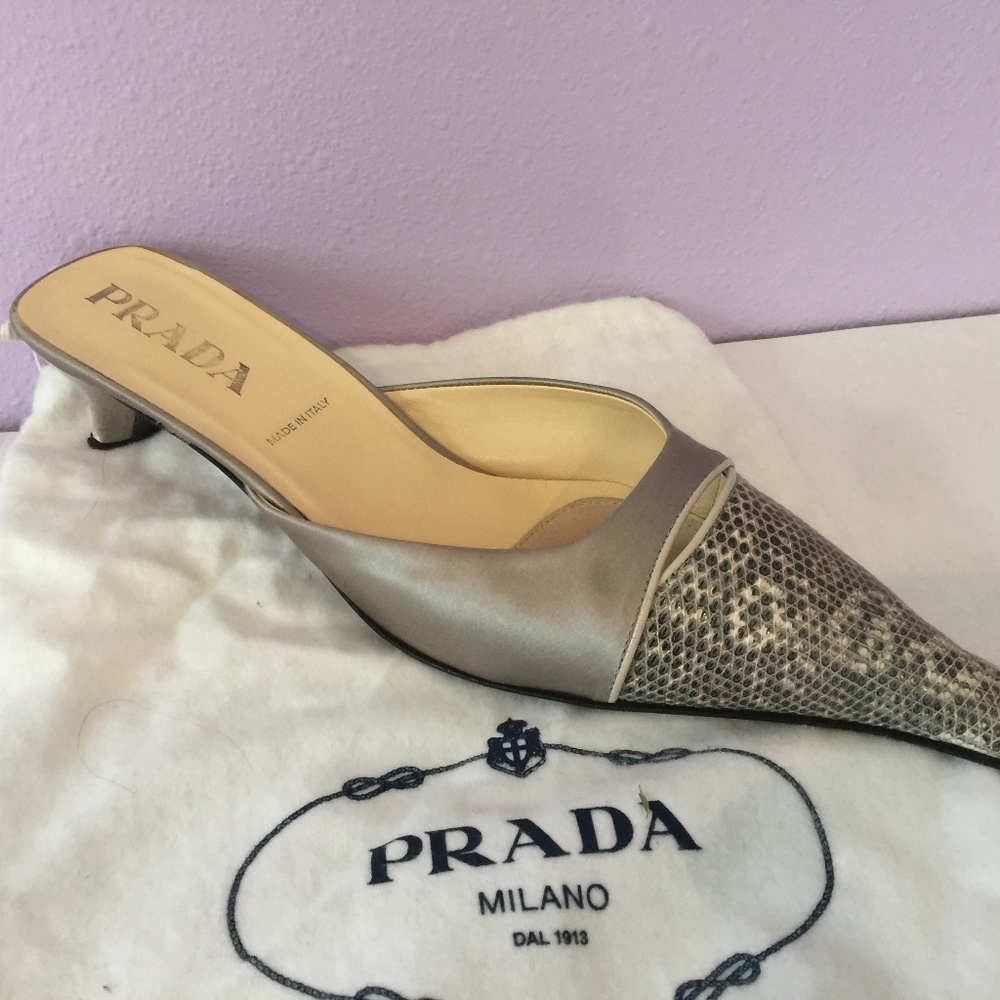 Prada grey silk and snakeskin mules 38.5